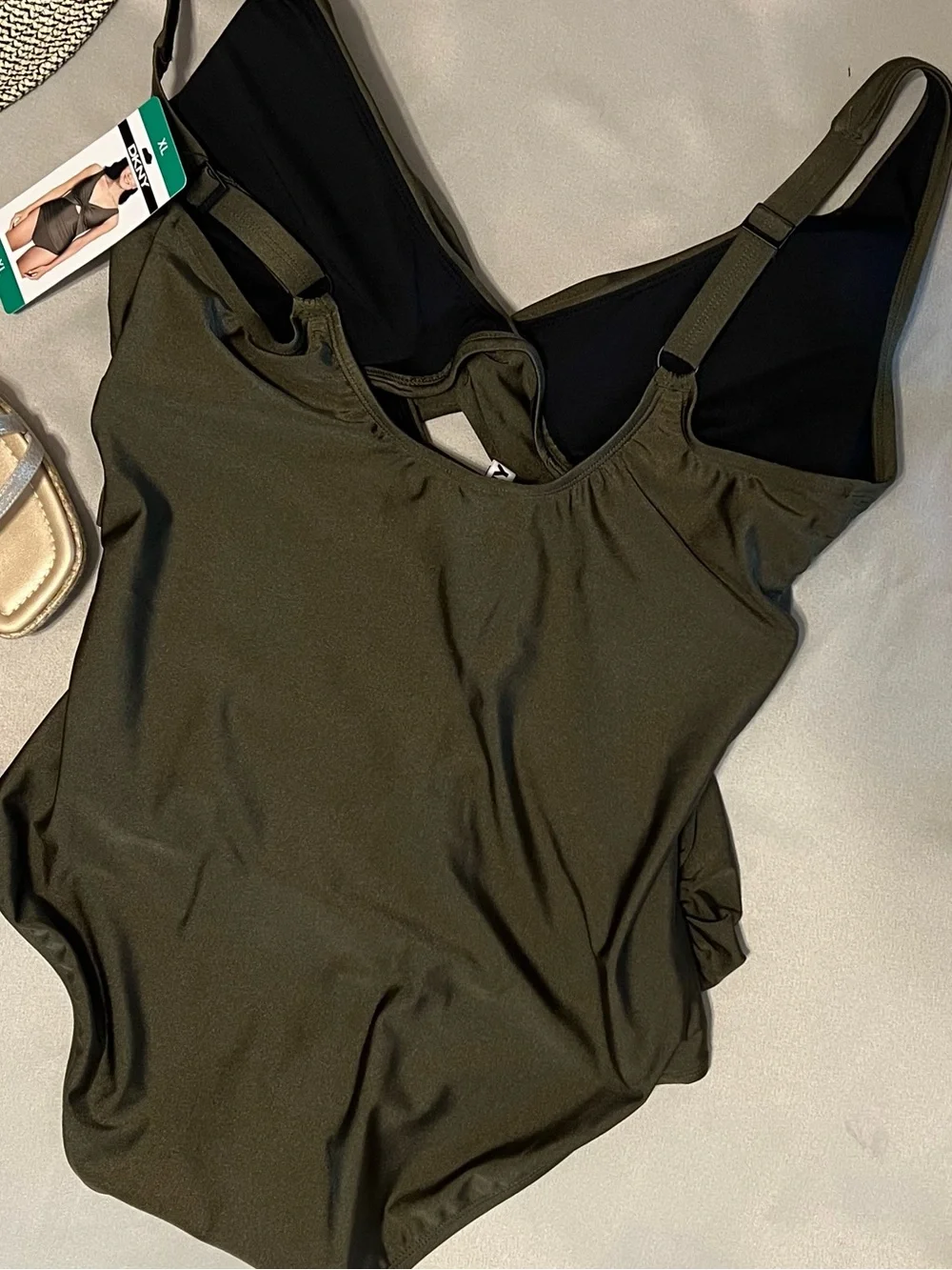 DKNY $96 One-Piece Swimsuit XL Olive Green Twist Front Cutout Tummy Control NWT - Picture 4 of 6